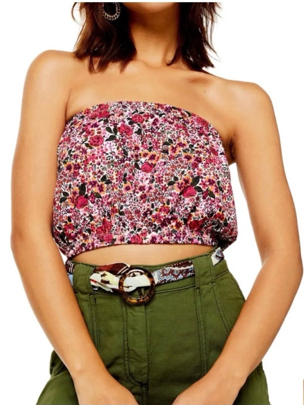Topshop Pink Floral Strapless Tube Crop Top